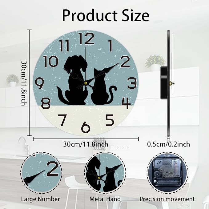 CHGCRAFT Cats and Dogs Wall Clock 12 Inch Battery Operated Wall Clock Non Ticking Silent Decorative Clock for Office Bedroom Home Decor