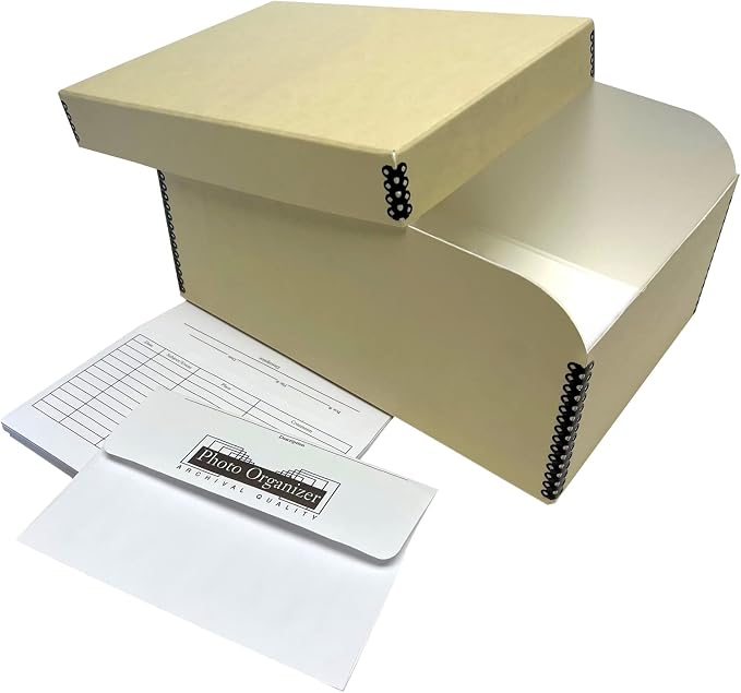 Lineco 4x6 Photo Storage Box, with 12 Acid-Free Envelopes, 5.5x7.5x11, Tan | Holds Up to 1000 3.5" x 5", or 4" x 6" Pictures, Metal Edge, Archival Organizer for Cards, Prints, Stickers, Stamps, Seeds
