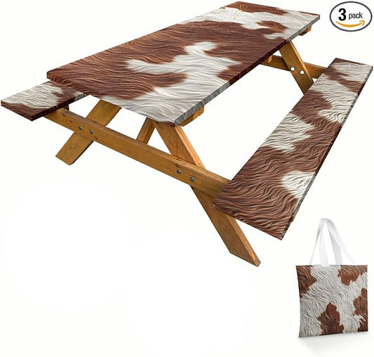 Cow Fur Texture Picnic Table Cover with Bench Covers and Carrying Bag, Cowhide Animal Brown Fur Pattern Rectangle Table Cover, Outdoor Patio Camping Essentials 6FT 4PCS, Camping Fitted Tablecloth