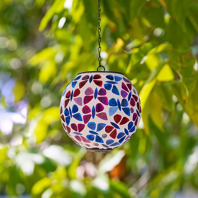 Solar Hanging Lanterns Glass Mosaic Gazing Ball Globe Blue Red Hanging Lantern Lights Outdoor Waterproof for Garden Yard Patio Home Decor (Flowers)