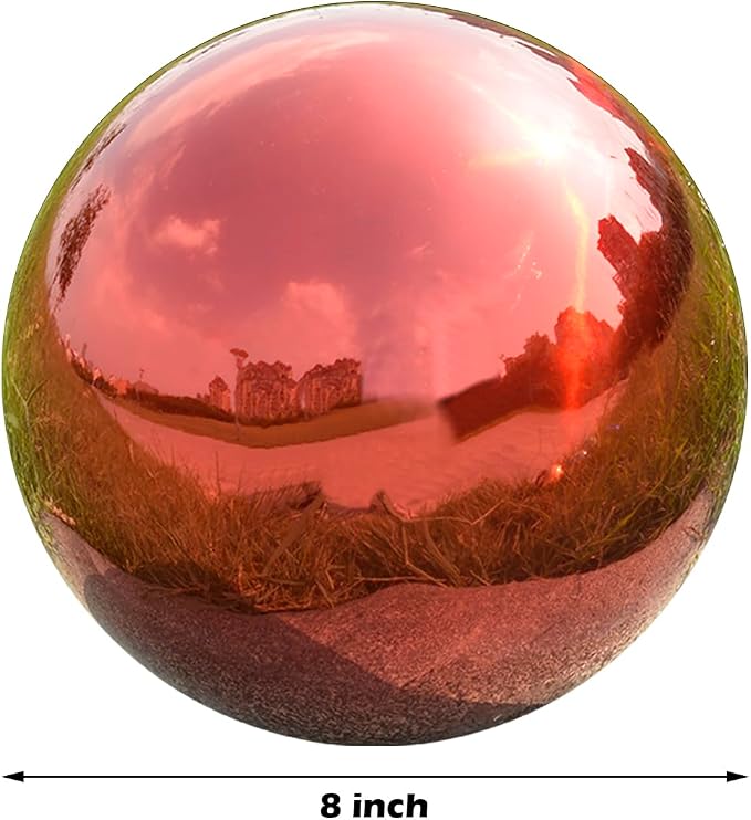 Gazing Ball Garden Mirror Outdoor - 8 Inch Outside Decorative Globe, Red | Metal Polished Reflective Sphere, Stainless Steel Hollow Decoration Ornament for Home Pond Swimming Pool Housewarming Gift