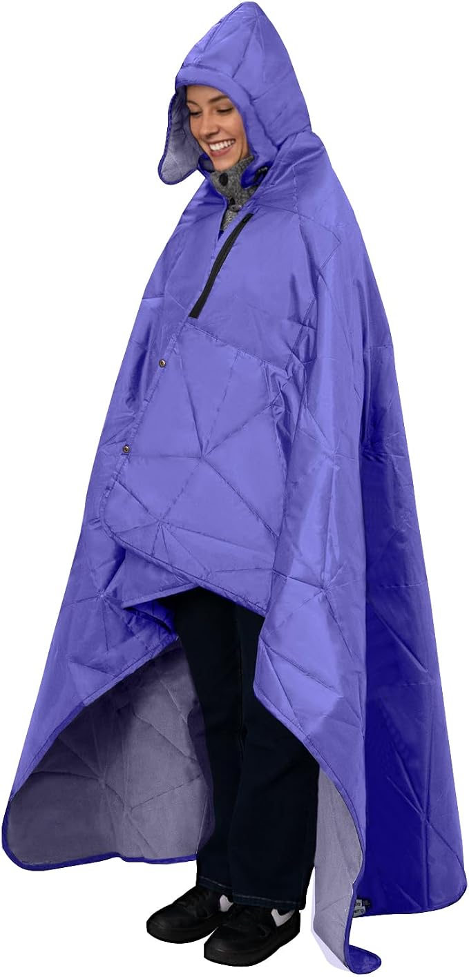 Large Waterproof Outdoor Blanket Thick Fleece 80" x 58" | Windproof Stadium Blanket, Wearable Poncho, Machine Washable for Camping, Car, Pet, Picnics - Purple Hooded