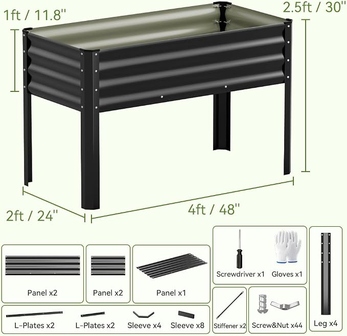 COMHOMA Raised Garden Bed with Legs 4x2x2.5ft,Large Elevated Galvanized Metal Planter Box with Drainage Holes,Outdoor Growing Kit with Gloves Tools for Backyard Patio Lawn,Black