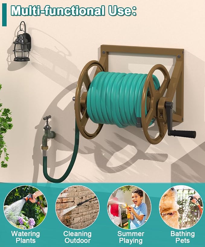 Artigarden Garden Hose Reel Wall Mounted, Outdoor Heavy Duty Powder Coated Metal Water Hoses Holder Winder Holds 125 ft 5/8" Hoses with 3.9ft Leader Hose, Stainless Steel Connector for Outside, Brown