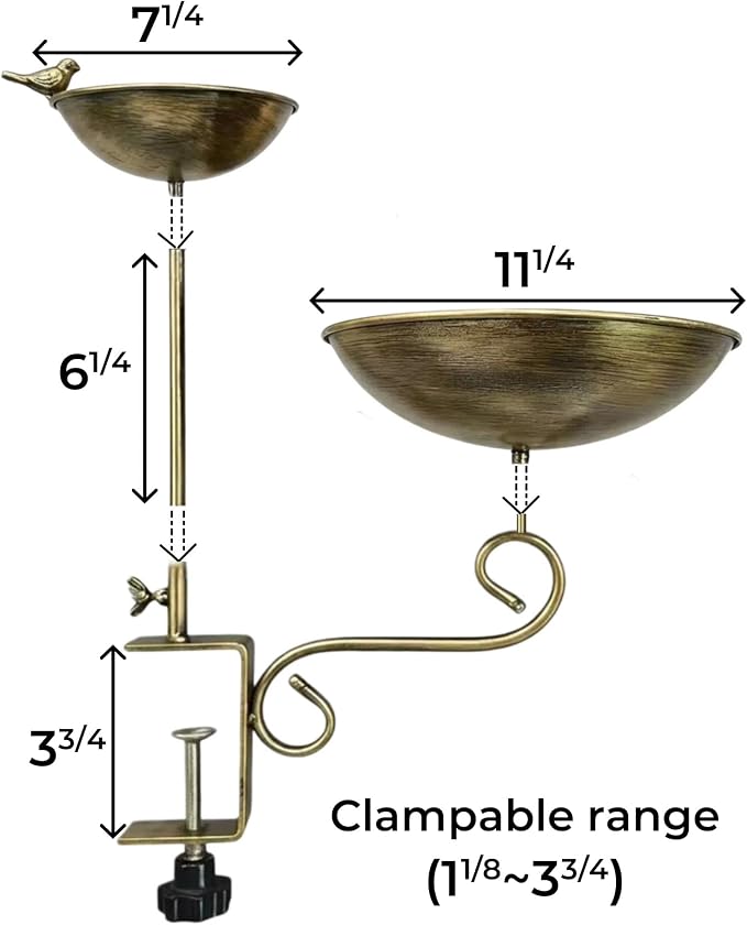 Deck Mounted Dual-Tier Bird Bath with Adjustable Clamp Metal Balcony Bird Bath & Bird Feeder for Railing, Patio, Fence – Easy Clean Outdoor Birdbath for Cardinals, Finches & Sparrows