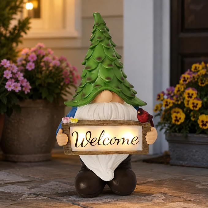 Solar Garden Gnome Statue with Welcome Sign, 13.5" Resin Outdoor Gnome Decor with LED Light, Cute Garden Statue for Yard, Porch, Patio, Lawn, Housewarming Gifts for Women Mom Grandma