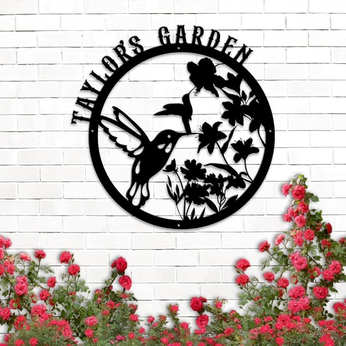 MeMate Hummingbird Garden Sign, Personalized Metal Signs, Garden Sign to Personalize, Large Sign for Vegetable Garden She Shed, Customized Name Wall Art for Outdoor Decor, Plaque for Mom Grandma