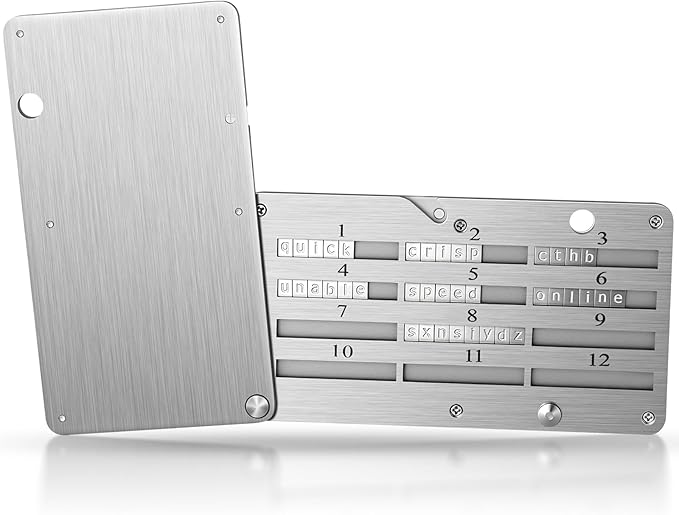 Crypto Seed Phrase Storage, Metal Seed Phrase Plate, Bybkxeo S2, 3-8 Letter Wide Slots for All BIP39 Words, 24-Word Capacity, Fire/Corrosion Resistant, Compatible with Ledger/Trezor/KeepKey