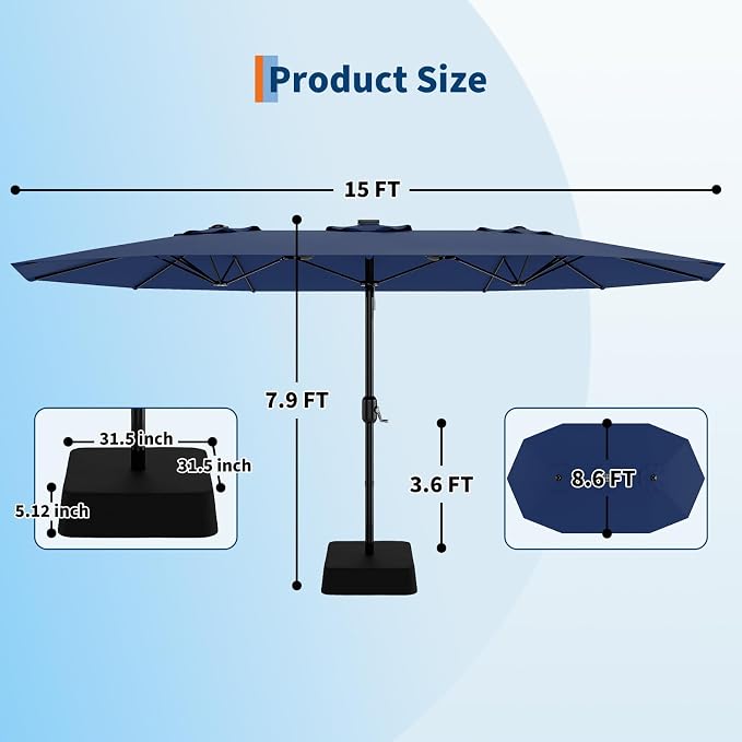 Garvee 15 ft Rectangular Patio Umbrella with Base Included - Large Patio Umbrella with Crank Handle, UV Protection for Outdoor Market, Backyard, Pool - Navy Blue