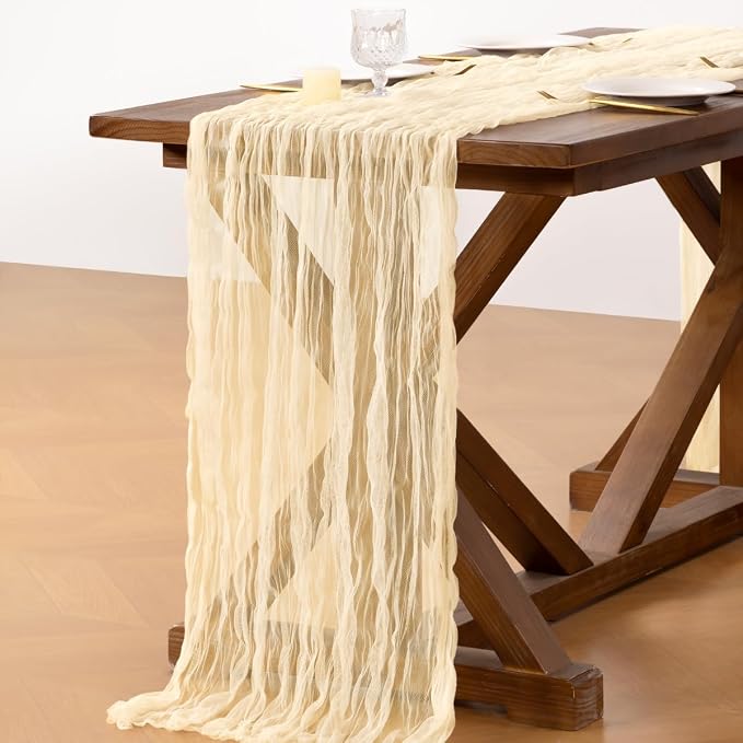 Socomi Beige Cheesecloth Table Runner Tulle Gauze Cheese clothBoho Rustic 120 inch 10FT Runner for Wedding Party Baby Shower Birthday Holiday Decorations 3pcs