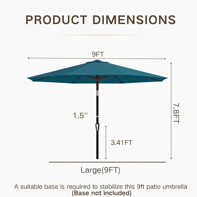 Kingdura 9FT Outdoor Patio Umbrella with Solar Lights, Market Table Umbrella with Push Button Tilt & Crank, 8 Sturdy Ribs, 32 LED Lights, UV Protection for Garden Lawn Deck Backyard Pool (Lake blue)