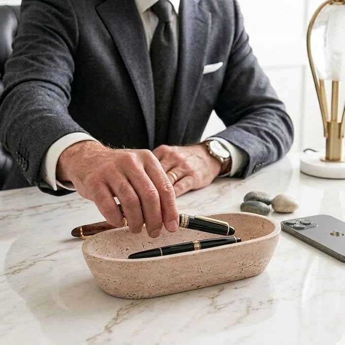 Radicaln Marble Dough Bowl 10" Inches Travertine Handmade Key Bowl For Entryway Table, Ideal Decorative Candy Bowl & Candle Dish For Home Decor