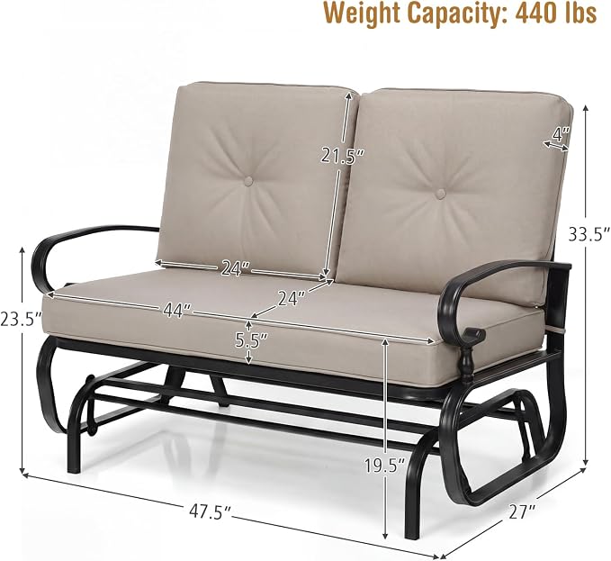 Giantex Outdoor Glider Bench, Patio Loveseat with Cushions, 440 Lbs Capacity, 2-Person Outdoor Rocking Chair, Porch Glider Swing for Garden, Backyard, Poolside, Patio Seating Rocker (Beige)