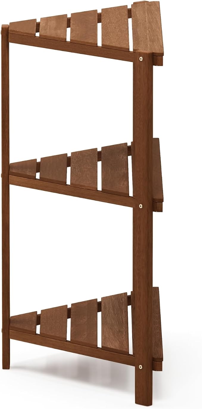 Furinno TIOMAN Plant Stand Outdoor, 3-Tier Corner Plant Shelf, Tiered Plant Stand Indoor, Outdoor, Patio, Garden, Balcony, Light Wood
