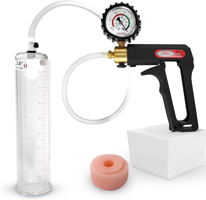 LeLuv Penis Pump Maxi Black Handle + Protected Gauge - Bundle with Clear Hose, Silicone Donut Seal - 9 inch Length x 2 inch Diameter Cylinder