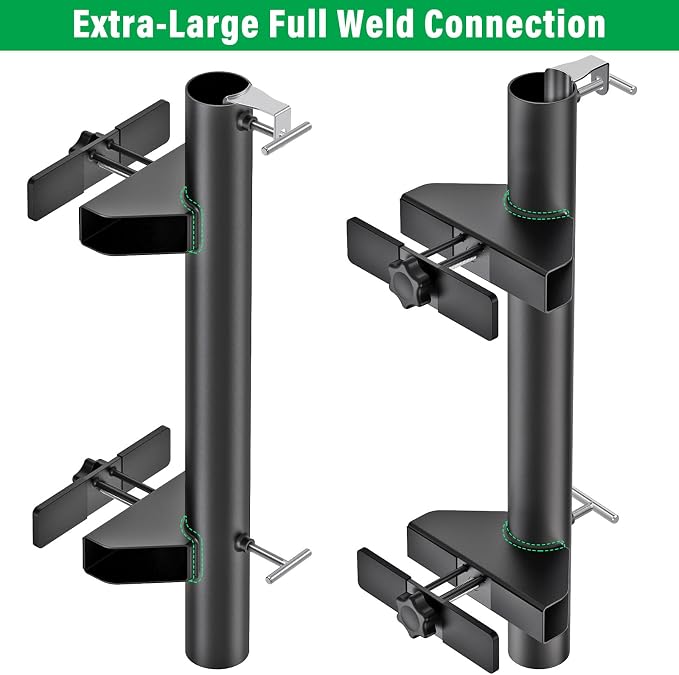 Heavy Duty Deck Railing Umbrella Holder, Adjustable Patio Umbrella Stand for 1-2 Inch Poles, Secure & Sturdy Railing Mount with Locking Pin, Maximizes Deck Space