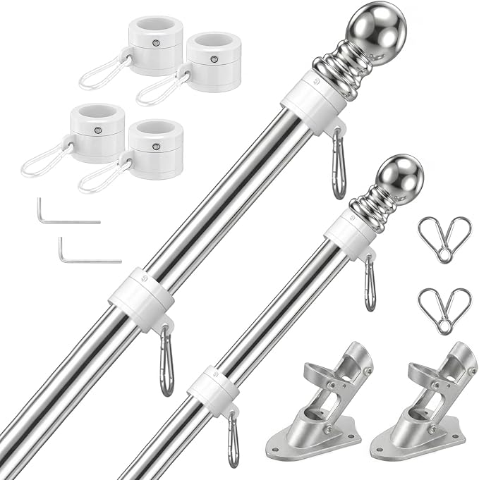 Silver House Flag Pole Kit, (2 Packs) 6 FT Stainless Steel Tangle Free Spinning Flagpoles with Two-Position Wall-Mounted Flag Pole Holder for 3x5 American Flags, Outside House Porch (No Flag)