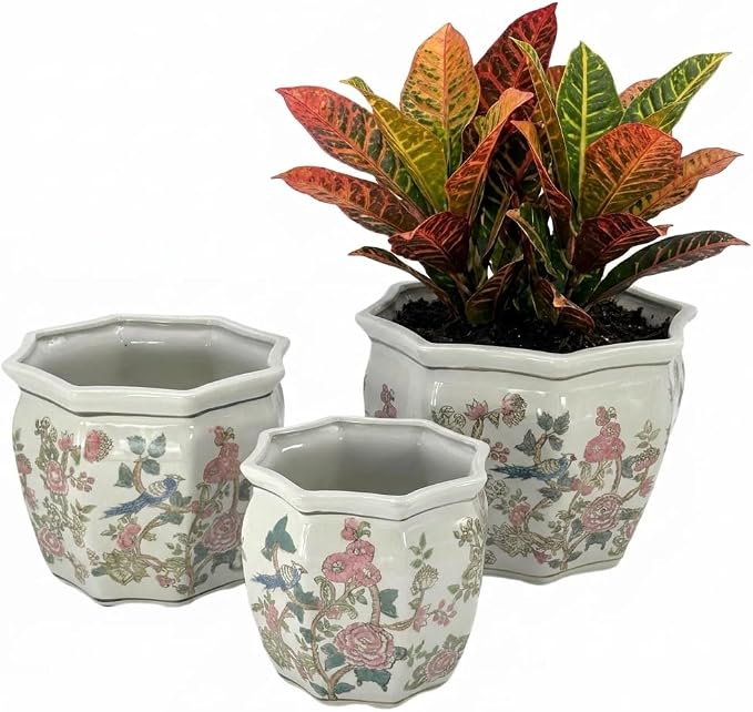 Galt International Multi Color Peony Round Fluted Floral Porcelain Ceramic Plant Flower Planter Pot Set of 3 (7.5", 10", 13") Garden Pots Chinese Asian Design Pink Blue Green