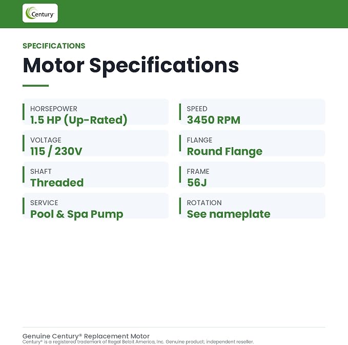 Century Electric UST1152 1 1/2-Horsepower Up-Rated Round Flange Replacement Motor (Formerly A.O. Smith) | 1.5 HP up-rated round flange replacement motor by Century, formerly sold under the AO Smith brand