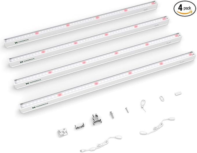 Maygrove T5 Grow Lights for Indoor Plants 2FT, Red-Enhanced Full Spectrum 5000K Grow Light, 60W(4 x 15W), Grow Light Strips for Seed Starting, Greenhouse, High PPFD, Linkable, White, 4-Pack
