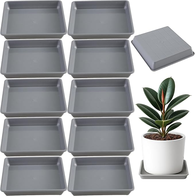 10 Pack Square Plant Saucer 10 Inches Plant Trays for Pots Plastic Square Drip Trays Flower Pot Saucers Black Planter Water Tray Plant Drainage Tray, Gray