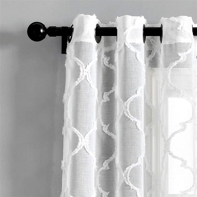 Lush Decor Avon Trellis Grommet Sheer Window Curtain Panels Pair 38" W x 84" L White - Sheer Curtains for Living Room - Modern Farmhouse Bedroom Curtains