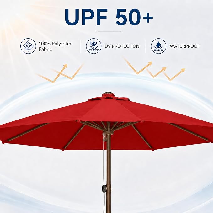 9FT Patio Umbrella, Outdoor Table Umbrella with Rope Pulley Lift, 3 Adjustable Heights, Market Umbrellas for Backyard, Pool and Deck, UPF50+