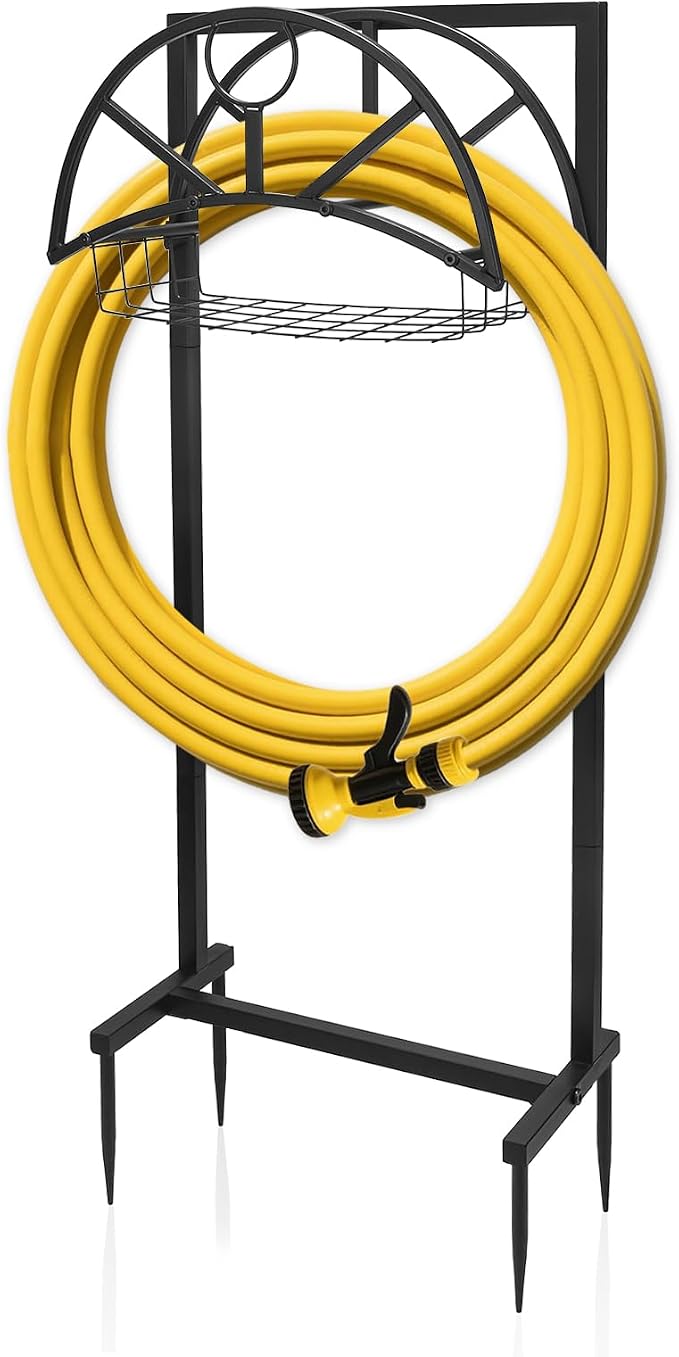 ZEMIRO CHARGE Heavy Duty Garden Hose Holder for Outside - Detachable Storage Basket with 4 Spikes Hooks, Super Stable Freestanding Stand Supports 150-Ft Hose, Perfect for Yard & Lawn