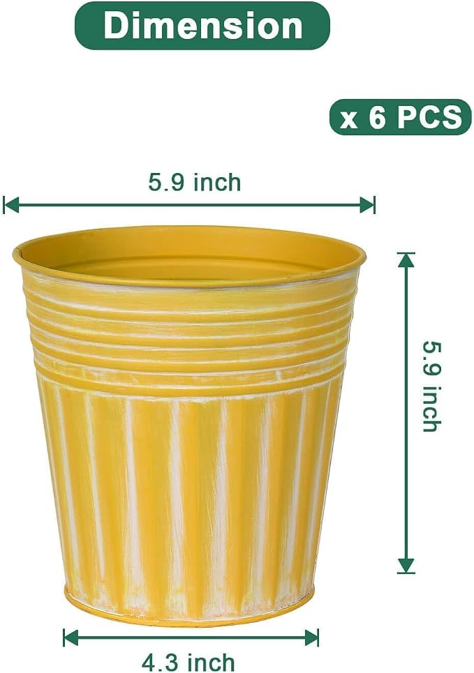 6 Inch Yellow Metal Rustic Flower Pots - 6Pcs Galvanized Planters with Drainage Hole and Rubber Plug, Rustproof Metal Bucket Plant Pots Farmhouse Vintage Style for Decor