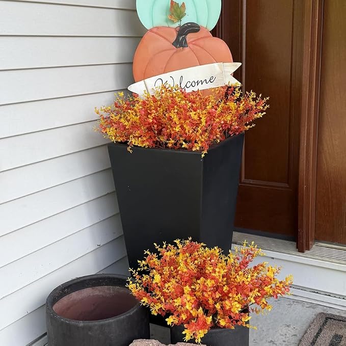 Faux Flower Daisy with Eucalyptus Leaves Fake Plants Greenery Boxwood Outdoor Indoor Garden Home Decoration Porch Patio 12 Bundles Orange