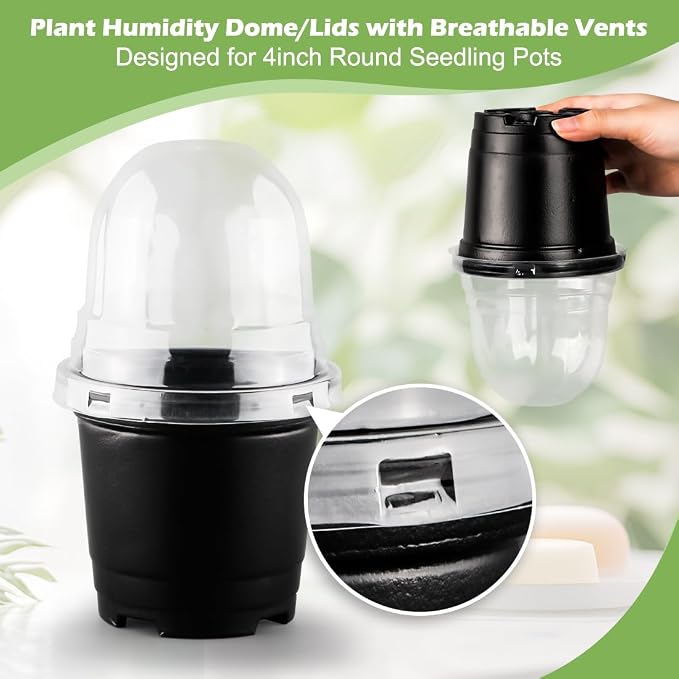 RooTrimmer Humidity Domes for 4 Inch Pots, 100 Pack Transparent Plant Dome Covers with Ventilation, Clear Nursery Pot Domes for Seed Starting, Seedling Germination, and Gardening