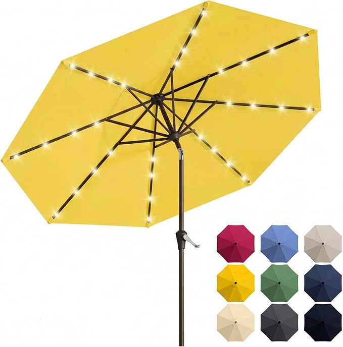 10FT Solar Patio Umbrella with Lights, Outdoor Table Market Umbrella with 32 LED Lights, 8 Sturdy Ribs, Push Button Tilt and Crank for Pool, Deck and Garden, UV-Resistant