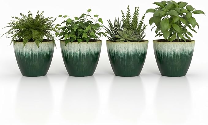 8 inch Plant Pots with Drainage Holes, Pack of 4 Plastic Flower Pots Indoor, Modern Glossy Finishing Planter for Indoor Outdoor Plants (Green Glaze, 4 Pack)