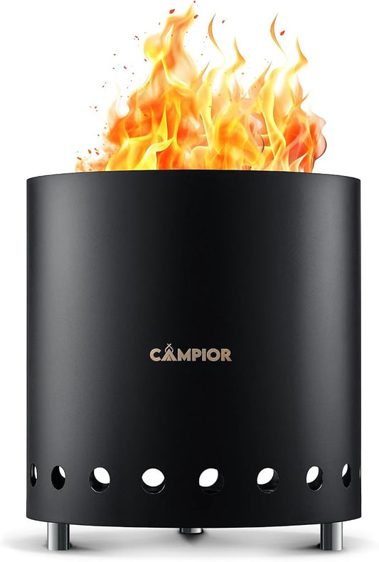 CAMPIOR Wood Burning Fire Pit Stove with Black Exterior - Smokeless Outdoor Stove for Efficient Wood Fires, Camping, and Gatherings, Stainless Steel with Removable Ash Pan, Stand and Carry Bag