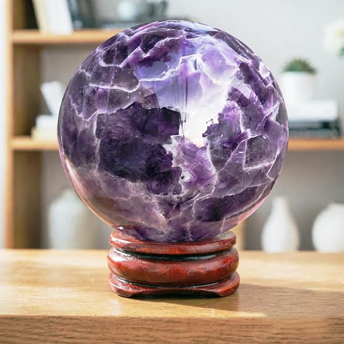 2-2.4 inch Natural Amethyst Crystal Ball with Stand, Hand Polished Purple Quartz Sphere, Reiki Healing Decorative Sphere, Chakra Energy Stone Crafts, Feng Shui Home Desktop Ornament
