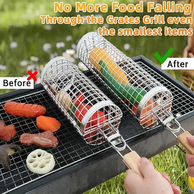 Rolling Grill Basket for Vegetables, Kebabs & Shrimp – 304 Stainless Steel BBQ Accessory with Side-Opening Design, Ideal for Outdoor Cooking & Camping (Rolling Grill Basket)