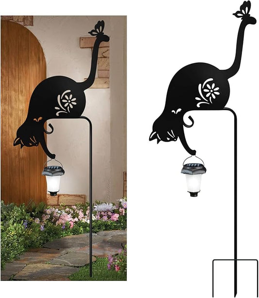 Cat Holding Solar Lantern Garden Stakes Outdoor Metal Cat Stakes Decorative Garden Stakes Suitable for Yard and Lawns(Cats Decor Garden Stake)