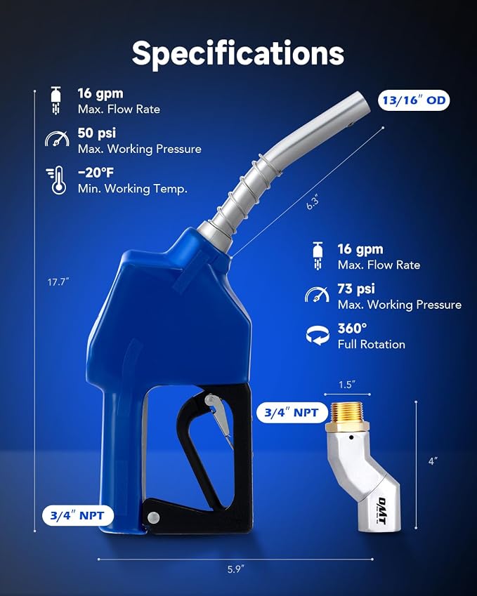 ORION MOTOR TECH Automatic Fuel Nozzle Kit, 3/4" NPT Auto Shut Off Fuel Nozzle with 360° Hose Swivel, Gas Fuel Transfer Refilling Nozzle with 13/16" Spout 16 gpm Flow Rate for Gasoline Diesel Kerosene
