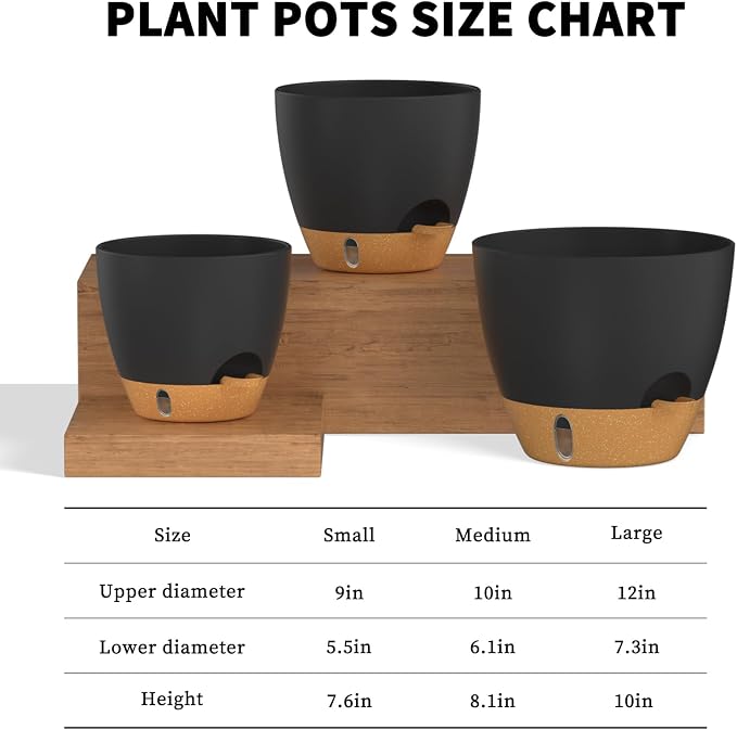 12/10/9 Inch Self Watering Pots for Indoor Outdoor Plants, Set of 3 Large Plastic Planters with Visual Water Window, Drainage Holes & Watering Lip, Modern Decorative Flower Pots (Black)