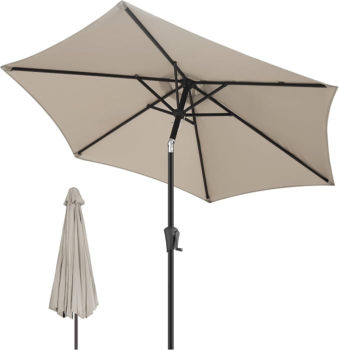 FLAME&SHADE 10ft Patio Umbrella - Outdoor Umbrella with 6 Sturdy Ribs, Push Button Tilt and Crank, UV Protection Table Market Umbrella for Pool, Porch, Garden, Deck, Backyard (Taupe)