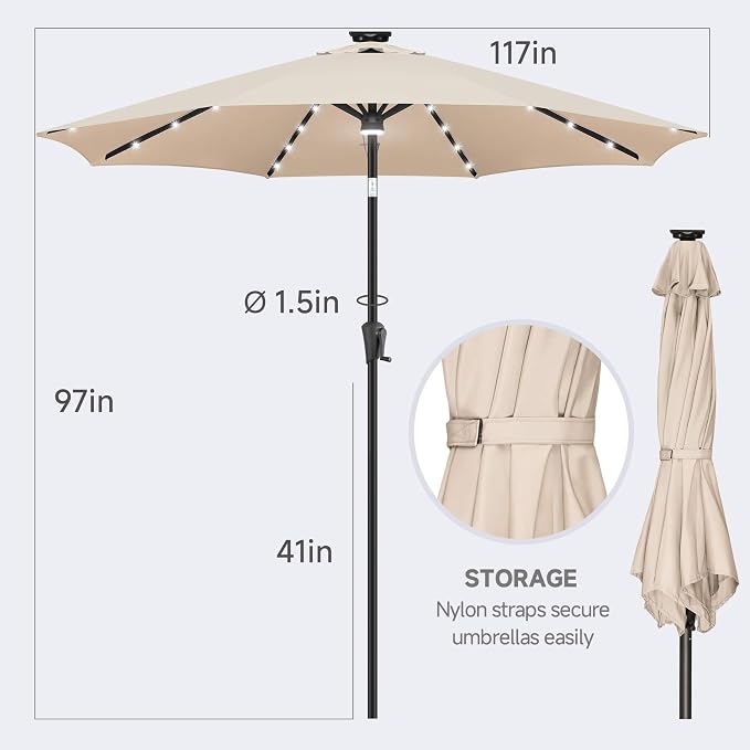 FLAME&SHADE 10 FT Solar Light Patio Umbrella, 40 LED Lights Outdoor Umbrella with Centre Surround Light, Table Market Umbrella for Deck, Pool, Porch, Backyard, Garden, UV Protection, Beige