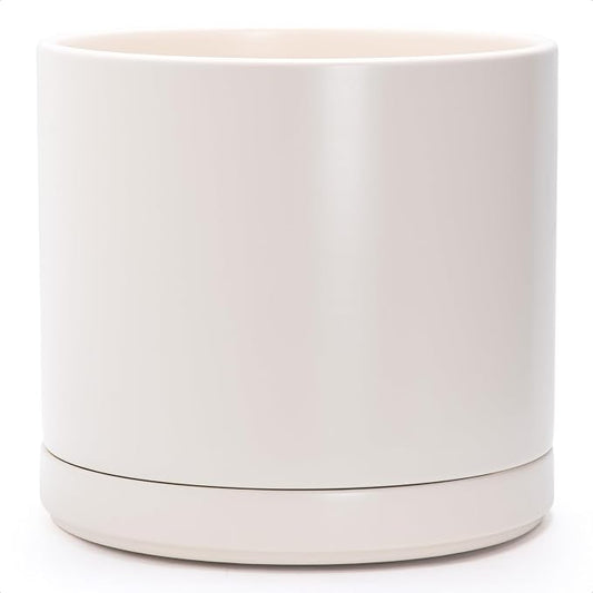 D'vine Dev 14 Inch Ceramic Planter Pot with Drainage Hole and Saucer, Indoor Cylinder Round Planter Pot, Oatmeal, 94-O-G-8