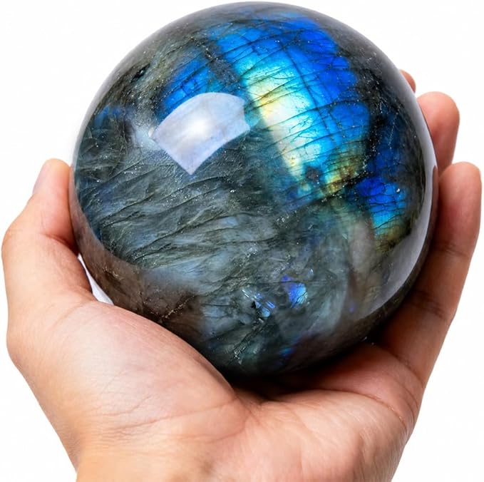 2.4-2.8 inch (6-7 cm) Natural Labradorite Crystal Sphere With Stand, Hand Polished Blue Green Aurora Color Gemstone Ball, Reiki Healing Stone, Feng Shui Home Ornament, Spiritual Meditation Decor