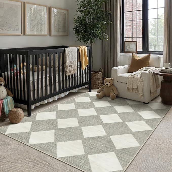Grey 4x6 Washable Area Rug Living Room Non Slip Checkered Carpet | Soft, Low Pile, Easy Clean, Diamond Pattern for Bedroom, Classroom, Nursery, Office, Kids Room, Modern Indoor Decor