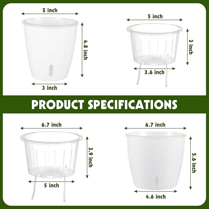 Self-Watering Pots for Indoor Plants, 8-Pack 6.7'' Self Watering Planter with Drainage Holes, Small African Violet Pots with Water Indicator, Clear Wick Pot, White