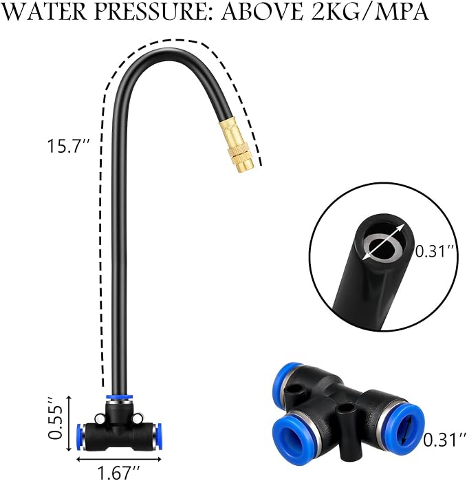Zonon 10 Pcs Brass Misting Nozzles Tee with 16" Built in Hose for 0.32"/8 mm Tubing 360 Degree Rotation Adjustable Water Mister Nozzle Thread Sprayer Misting Part Accessories for Patio Outdoor Cooling