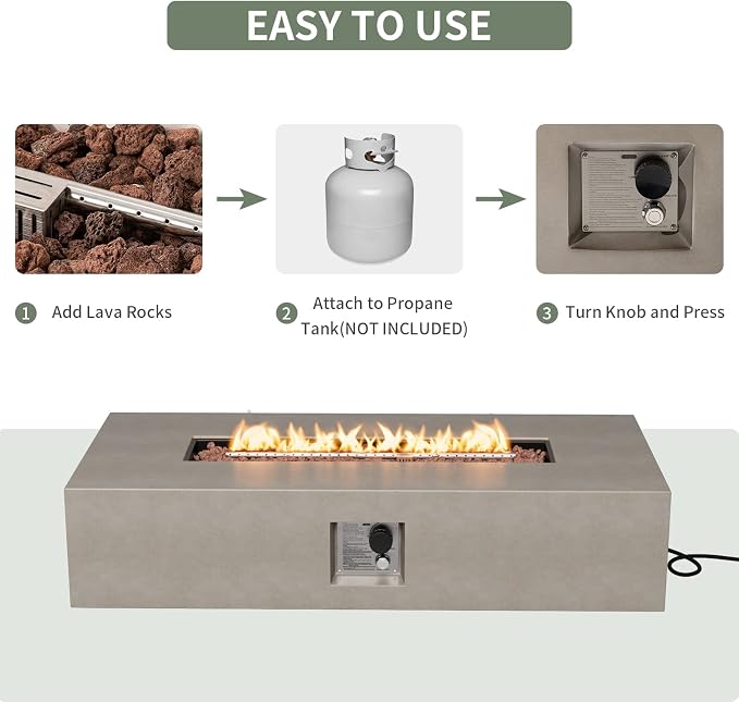 COSIEST 56-inch x 28-inch Outdoor Propane Fire Pit Coffee Table w Concrete Rectangle Base, Certified, 50,000 BTU, Free Lava Rocks and RainCover, Fits 20lb Tank Outside(Gray)