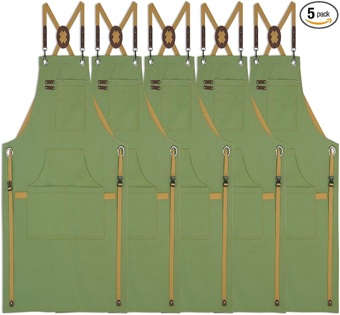 5 Pack Kitchen Apron, Work Apron, Canvas Apron, Olive | Multiple Pockets, Gardening, Painting, BBQ, Artist, Carpenter, Sizes M to XXL