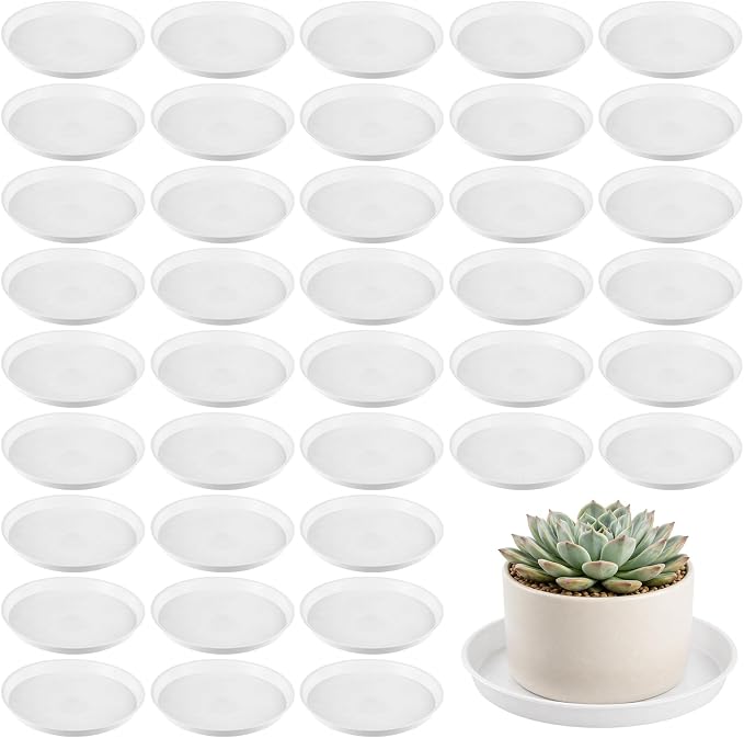50 Packs 4 Inch Plastic Plant Saucers for Indoor Outdoor, Plant Water Catcher Tray for Pots, Bulk Flower Pot Saucers, Drip Trays for Potted Plants, Round Plates to Catch Water, White