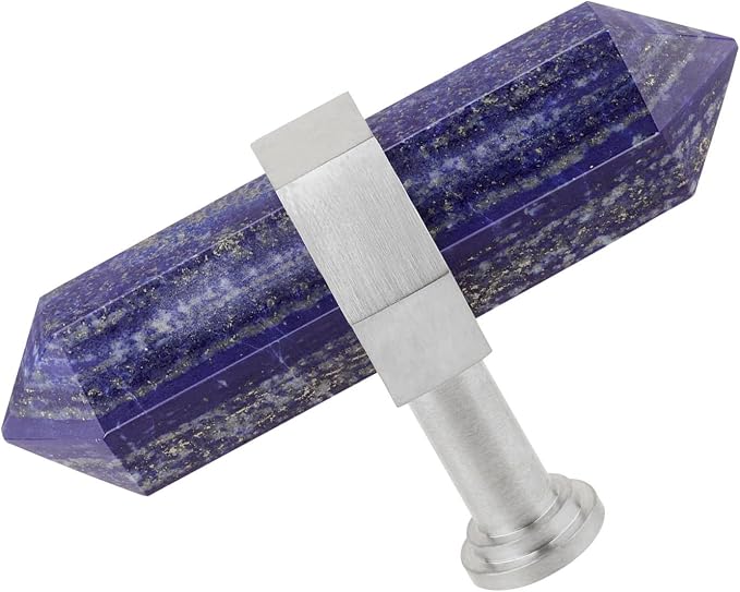 mookaitedecor Set of 2 Lapis Lazuli Double Crystal Points Drawer Knobs with Screws, Decorative Stone Cabinet Handle Pulls for Dresser Cupboard Kitchen Decor, Brushed Stainless Steel